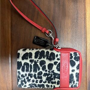 Coach Black and Ivory Leopard Wristlet with Red Trim